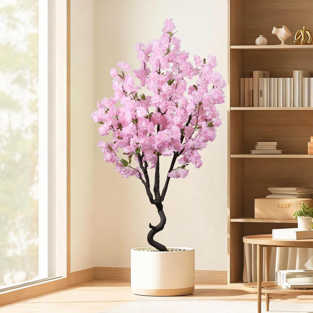 Faux Pink Cherry Blossom 5.5ft(67in) Tall Artificial Plant Indoor Decor Natural Realistic Fake Cherry Blossom Tree for Wedding Party Sakura Plant in Pot for Home Living Room,Office,Outdoor Decor