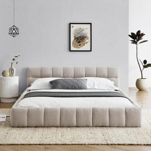 Chenille Queen Floor Bed Frame with Thick Headboard for Bedroom Guest Room, Upholstered Grounded Bed & Wooden Slats Support Mattress Foundation, No Box Spring Needed/Easy Assemble/Noise-Free, Beige