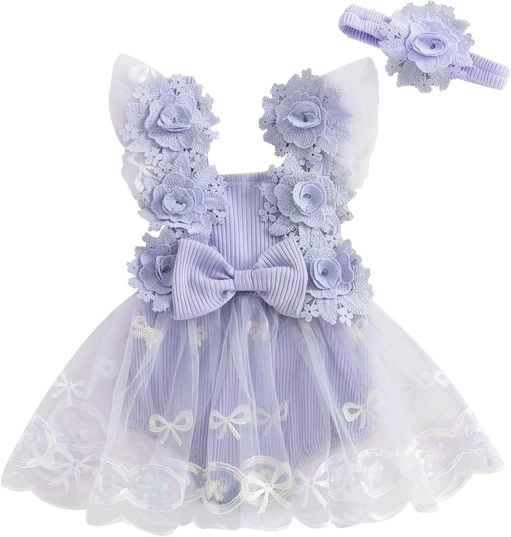 Aiwpstoin Infant Baby Girl Romper Dress Sleeveless Bow Flower Lace Tulle Dress Bodysuit Headband Newborn Summer Outfits (12-18 Months, Purple)