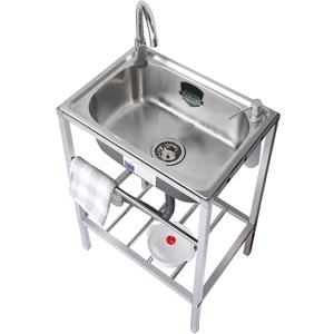 Outdoor Garden Sink Single Trough For Washing, Small Stainless Steel Utility Kitchen Hand Basin Station Sink Tub with Storage Shelve and Faucet, for Restaurant, Bar, Laundry, Garage, Backyard(54*40*75 (54*40*75cm/21.2*15.7*29.5in)