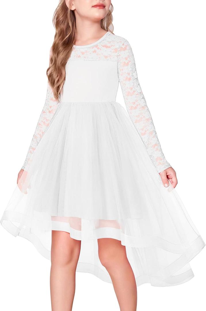 Arshiner Flower Girl Lace Tutu Dresses High Low Hem Long Sleeve Flowy Formal Party Wedding Dress (White, 165)
