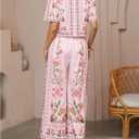 WDIRARA Women's Boho Floral 2 Piece Palazzo Pants Set Short Sleeve Blouse (Pink, M)