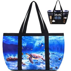 Fomaris Mesh Beach Bag for Women, Sandproof Large Tote with Ocean Sea Turtle Print, Coastal Nautical Swim & Pool Bag, Travel Essentials for Family Cruise Vacation