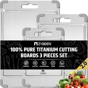 3Pcs 100% Pure Titanium Cutting Board with Grooves, Update Double Side Titanium Chopping Board, Silicone Anti-slip Stainless Cutting Boards Set for Kitchen