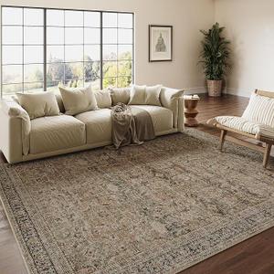 WondRg 8x10 Washable Area Rug Brown Vintage Distressed Living Room Bedroom Large Throw Rug Non Slip Low Pile Soft Accent Indoor Floor Carpet for Dining Room Office Entryway Kitchen