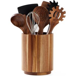 Acacia Wood Utensil Holder for Kitchen Counter, 360 Rotating 7.2" Wooden Cooking Utensil Crock for Countertop, Farmhouse Kitchen Decor