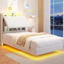 Twin Size Floating Bed Frame with Ergonomic Hidden Storage Headboard and LED Light,Visual Floating LED Bed Frame with Charing Station,Velvet Upholstered Platform Bed for Kid/Boy/Girl,Heavy Duty,White