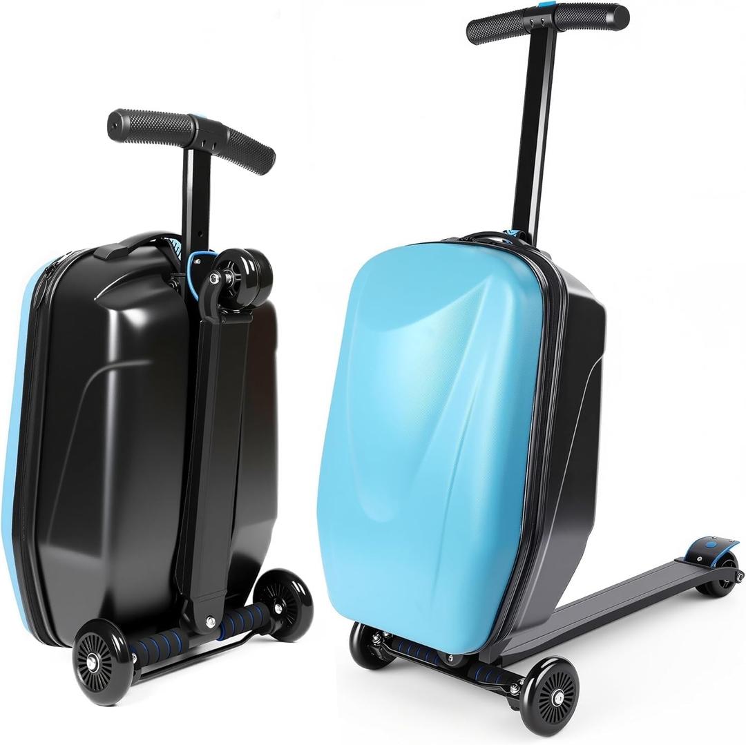 2-in-1 Ride-On Scooter Suitcase,Carry On Hardshell Ride On Suitcase Scooter for Kids Age 4-15, Multifunctional Ride On Lightweight Kids Luggage with Wheels(Size:Blue), One Size