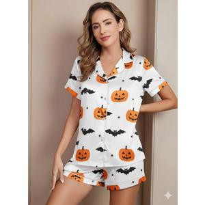 VILOVE Halloween Pajamas Women Silk Satin Halloween Pjs Set Button Down 2 Piece Pajama Shorts Set Casual Notch Collar (XX-Large, White)