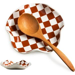 Kitchen Spoon Rest for Stove Top, Checkered Coffee Spoon Rest, Ceramic Spoon Holder for Kitchen Counter Cooking Utensil Rest, Modern Farmhouse DCor (Brown-White)