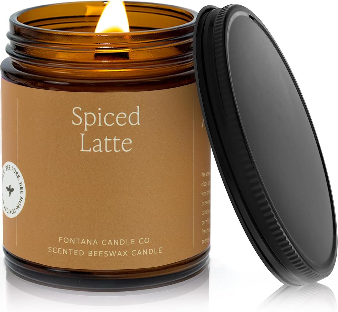 Fontana Candle Co Wood Wick Beeswax Jar Candle, Spiced Latte Made Safe with Coconut Oil & Pure Essential Oils 35+ Hrs Clean Burn, Long Lasting and Non-Toxic Candles for Home & Room Decor