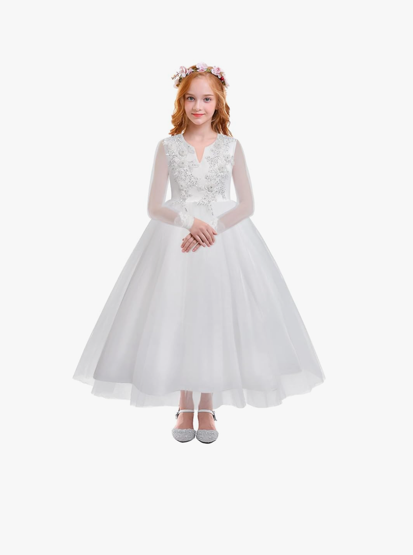 IDOPIP White First Communion Dresses for Girls Lace Flower Wedding Bridesmaid Pageant Birthday Baptism Party Maxi Tulle Gown, 13-14 Y