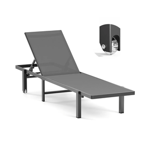 Aluminum Chaise Lounge Chair Outdoor with Wheels, Patio Lounge Chair with Adjustable 5-Position Recliner and Full Flat Tanning Chair for Patio, Beach, Pool, Grey