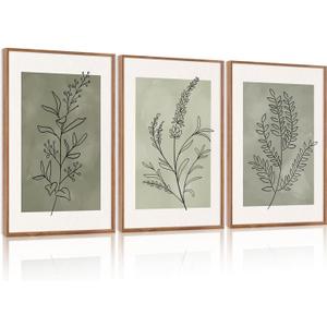 CHDITB Sage Green Framed Canvas Wall Art, Neutral Botanical Line Wall Decor, Olive Tone Plant Poster, Modern Farmhouse Floral Decor, Boho Minimalist Nature Prints for Bedroom Office Decor 16"x24"X3