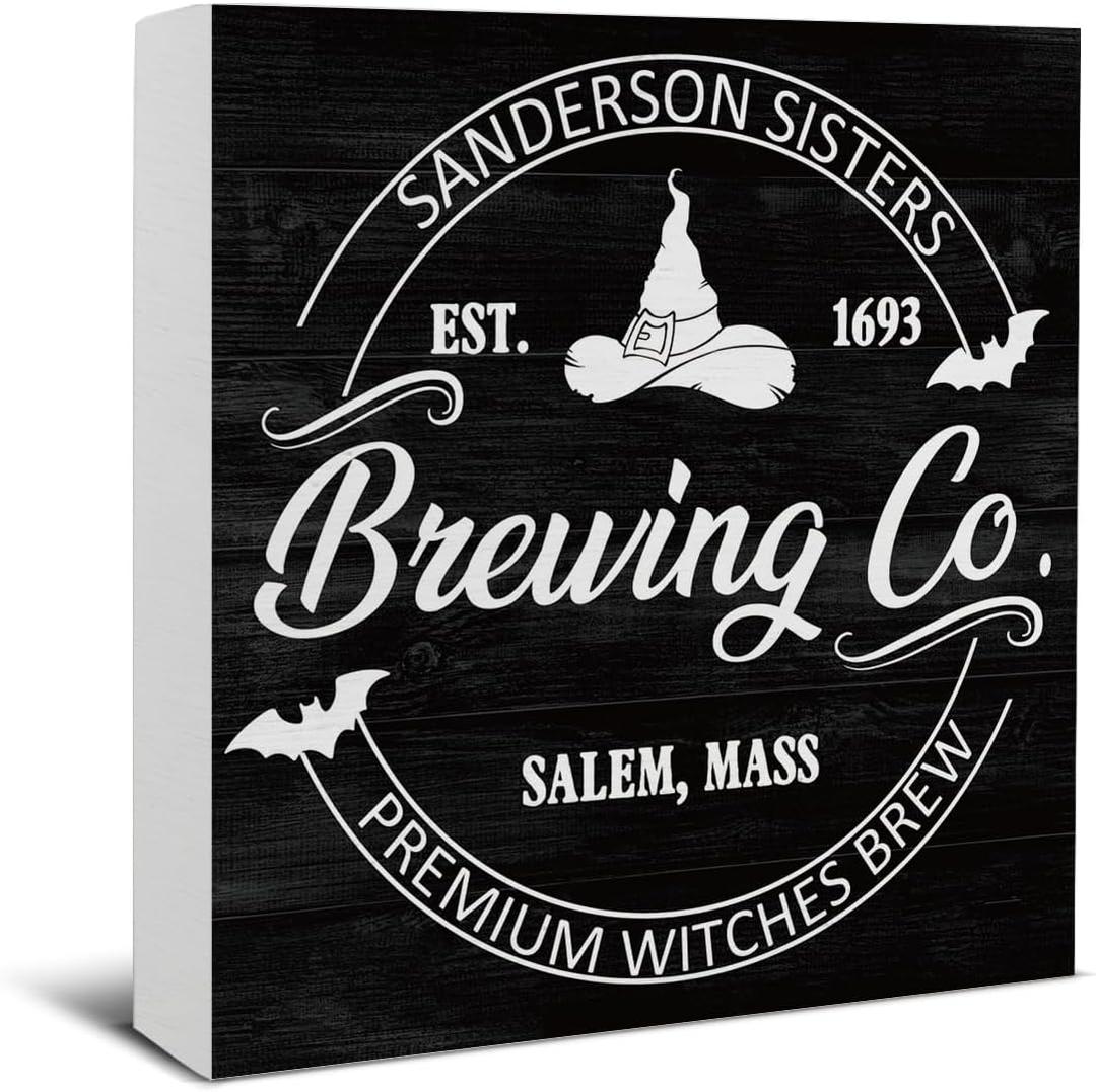 2 x Halloween Decorations, Witches Brew Wooden Sign Decor Desk Sign Black Vintage Wooden Block Sign Halloween Home Decor for Table Shelf 5 x 5 Inch