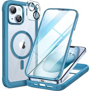 Miracase Magnetic for iPhone 15 Plus Case 6.7'' [Compatible with Magsafe] Full-Body Military Drop Proof 15 Plus Phone Case Cover with Built-in 9H Tempered Glass Screen Protector,Magnetic Blue