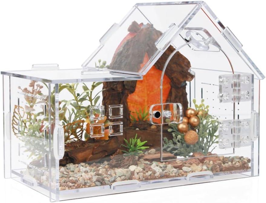 Jumping Spider Enclosure, Acrylic Cabin Terrarium with Sloped Roof & Magnetic Front Door, for Arboreal Pets, Mantis, Small Reptile Habitat (Transparent Color, L 7.9",W 3.9",H 5.9")