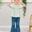 XUANHAO Toddler Girls Clothes Puff Sleeve Smocked Shirt Flare Jeans Pant Outfits for Girl Bell Bottom Kids Girls Clothing Set