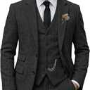 Men Suit Classic Regular Fit 3 Piece Tweed Herringbone Wool Jacket Tuxedos Wedding Grooms Blazer+Vest+Pants (Small, Black)