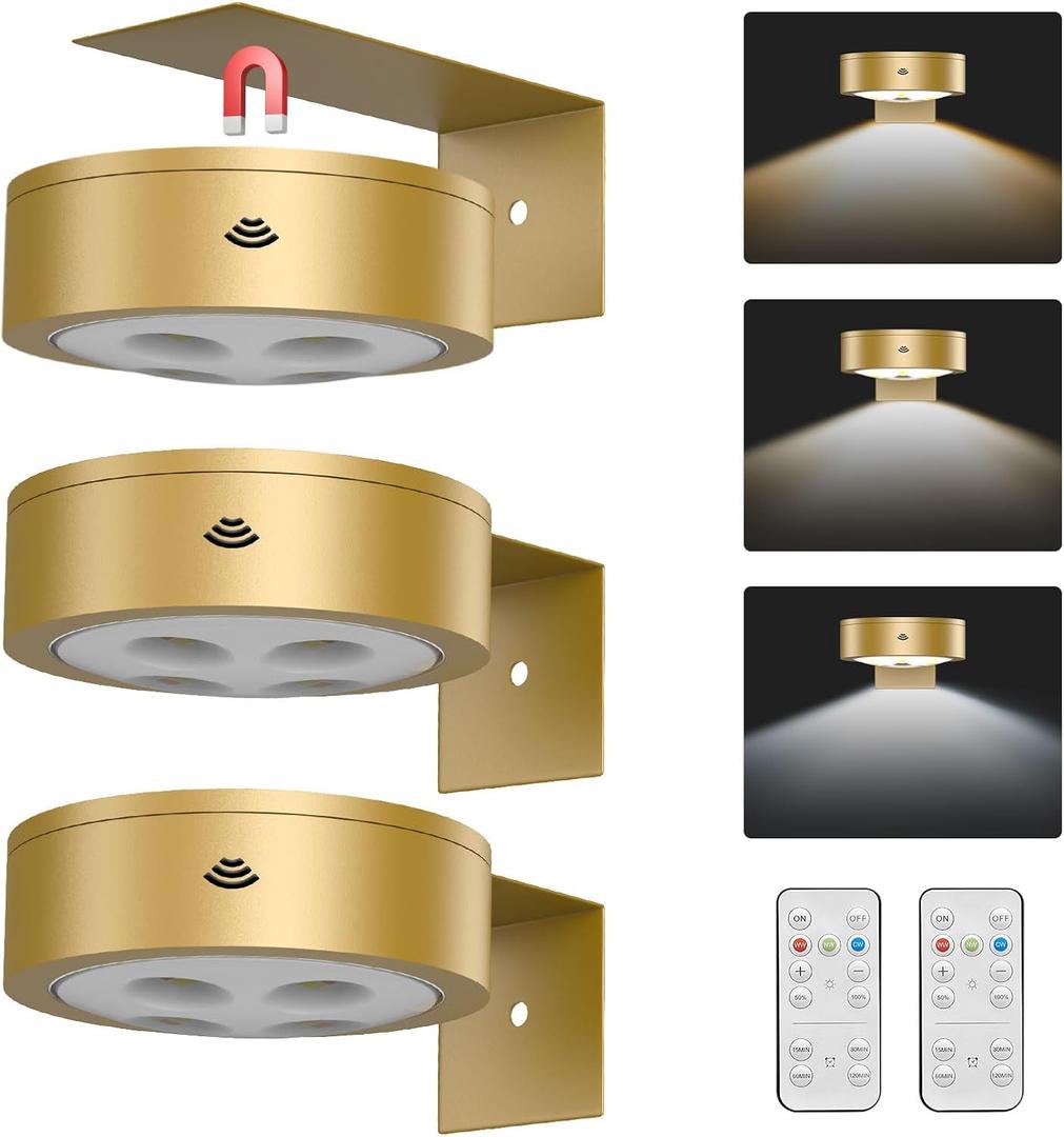 EUIOKUN 3Pack Wireless Picture Light,Battery Operated Painting Light with Remote,Magnetic Timer Display Art Lamp for Wall,Dimmable Picture Frame Light for Frame Artwork,Wall Decor Puck Lights-Gold