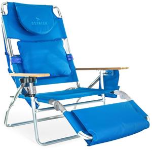 Ostrich Deluxe 3N1 Padded Beach Chair w/ Face Cushion & Arm Holes, Blue - Lightweight Folding Recliner w/ Adjustable Backrest & Footrest, Cup Holder, Side Utility Bag, 275 lb Weight Capacity