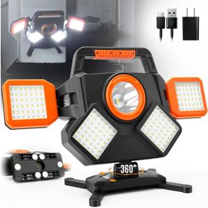 55W Rechargeable Work Light 5000LM, Foldable & Rotatable Magnetic LED Work Light with 6 Modes, 8000mAh Battery Powered Portable Work Lights for Workshop, Car Repair, Construction, Camping, Emergency Use (Orange)