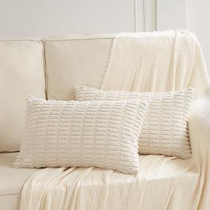 Fancy Homi 2 Packs Cream Lumbar Decorative Throw Pillow Covers 12x24 Inch for Living Room Couch Bed Sofa, Rustic Farmhouse Boho Home Decor, Soft Striped Corduroy Rectangle Cushion Case 30x60 cm (24" x 12" (Pack of 2))