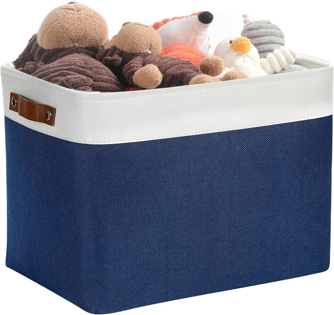 DULLEMELO Large Storage Baskets, Fabric Storage Bins for Organizing Foldable Linen Shelf Baskets for Clothes, Toys, Closet, Laundry (White&Blue,16"x12"x12"-1 Pack)