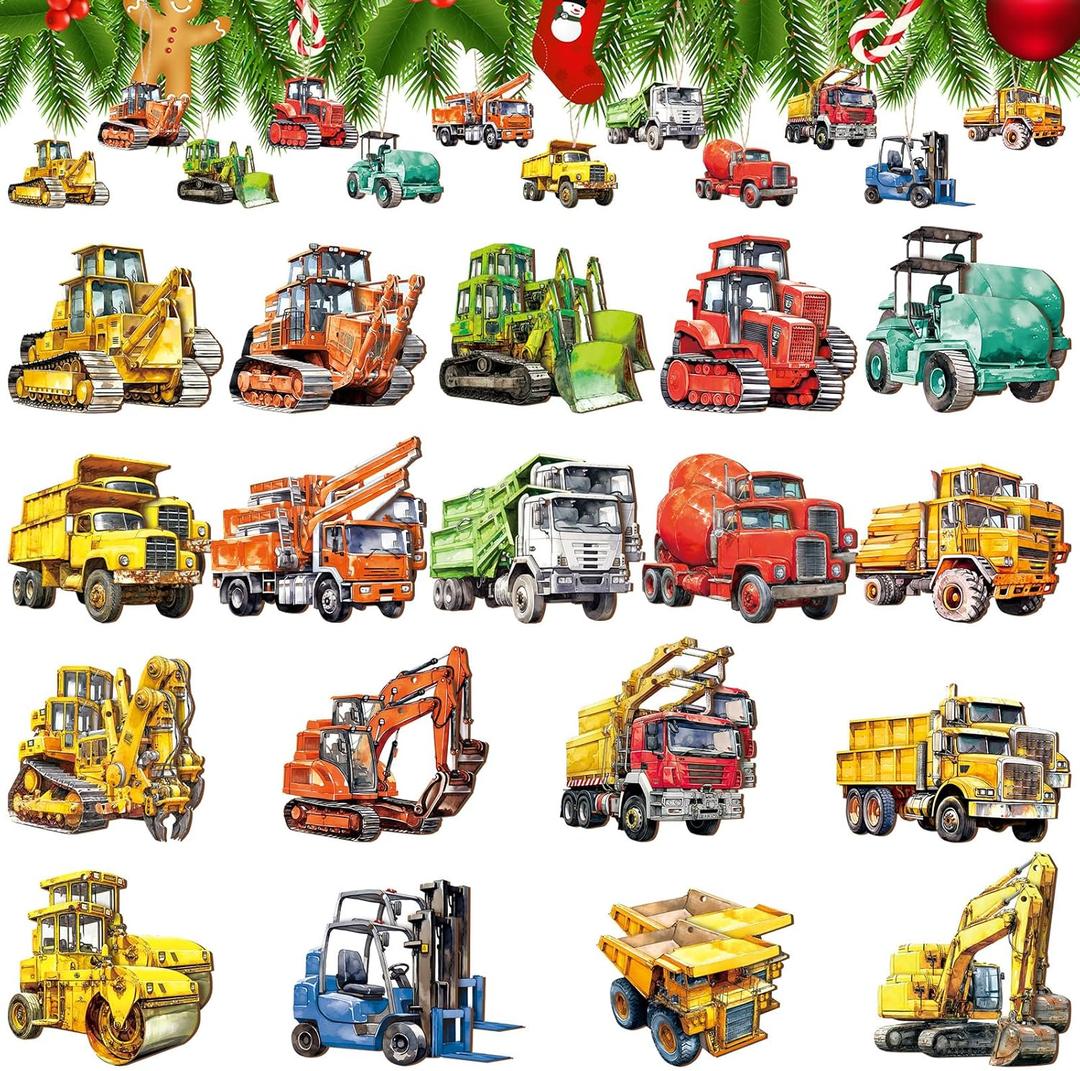 Pinkunn 36 Pcs Christmas Vehicle Wood Ornaments Set Transportation Hanging Ornaments Gifts for Tree Decor (Construction Vehicles)