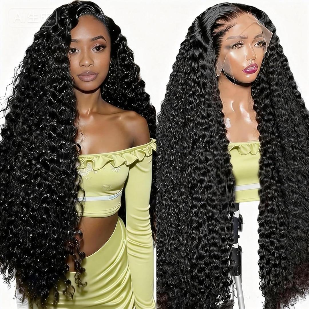 28inch Deep Wave Lace Front Wigs Human Hair Pre Plucked Deep Curly Human Hair Wig 200 Density HD Lace Frontal Wig 13x4 Deep Wave Wig 100% Human Hair Wigs for Women Natural Black Color