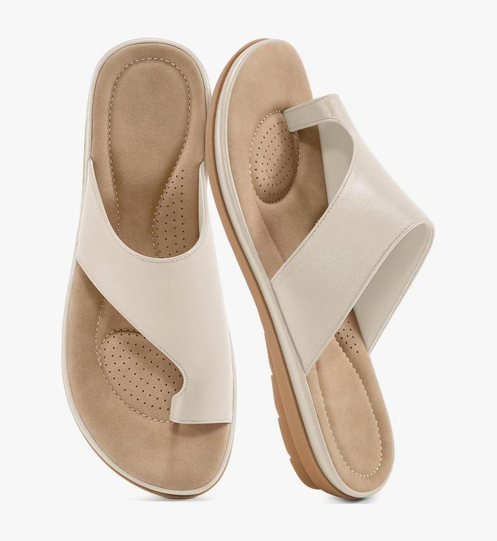 Summer Flat Sandals for Women: Comfortable Walking Dressy Slides for 2025 - Ladies Orthopedic Casual Shoes Indoor Outdoor Cream 43