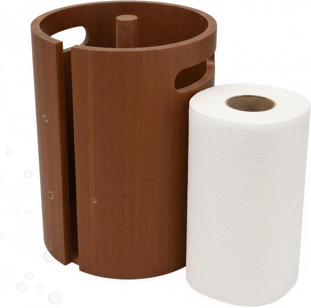 Wood Paper Towel Holder for Kitchen Countertop, Pine Wood Towel Stand with Splash Guard, Freestanding Paper Roll Holder with Side Opening and Carry Handles for Kitchen Bathroom RV