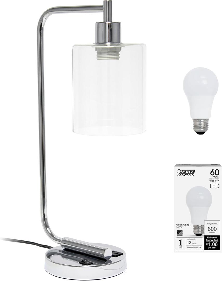 Simple Designs LD1066-CHR-LB Industrial Vintage Bronson Iron Lantern Desk Table Lamp with USB Port and Glass Cylinder Shade for Office, Living Room, Bedroom, Chrome, with Feit LED Bulb Included