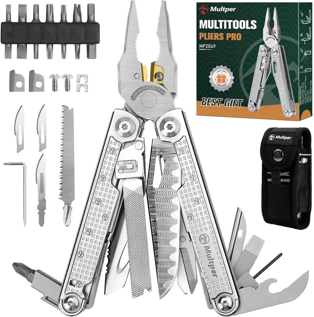 Multper Multitools Pliers Pro, Upgraded Multi Tool With Damascus Knife, Replaceable Wire Cutters and Screwdirver Set, Foldable Multitools with Scissors, Screwdriver, Ideal for Camping,Survival, Repair