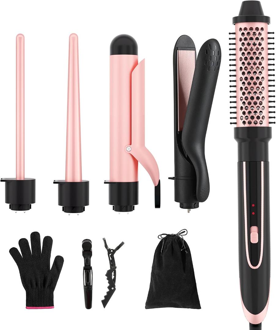 5-in-1 Curling Iron Set, Including a Curling Brush, Straightener, and 4 Interchangeable Ceramic Curling Barrels; Dual Voltage; Comes with Gloves and Hair Clips (0.351.25 inches), Rose Gold