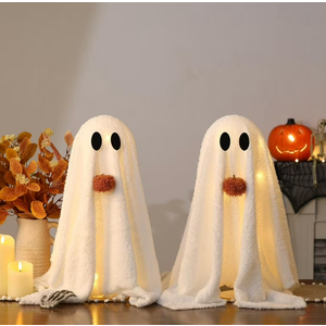 Halloween Decorations-2 Pack Light-Up Sherpa Ghosts with Pumpkin Halloween Decor Indoor Cute Ghost Tabletop Decor for Party Home Kitchen and Fireplace