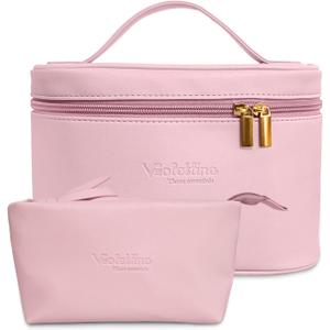 Travel Cosmetic Bag for Women, PU Leather Cosmetic Bag Set of 2, Waterproof, Large Makeup Bag with Handle (Light pink makeup bag)