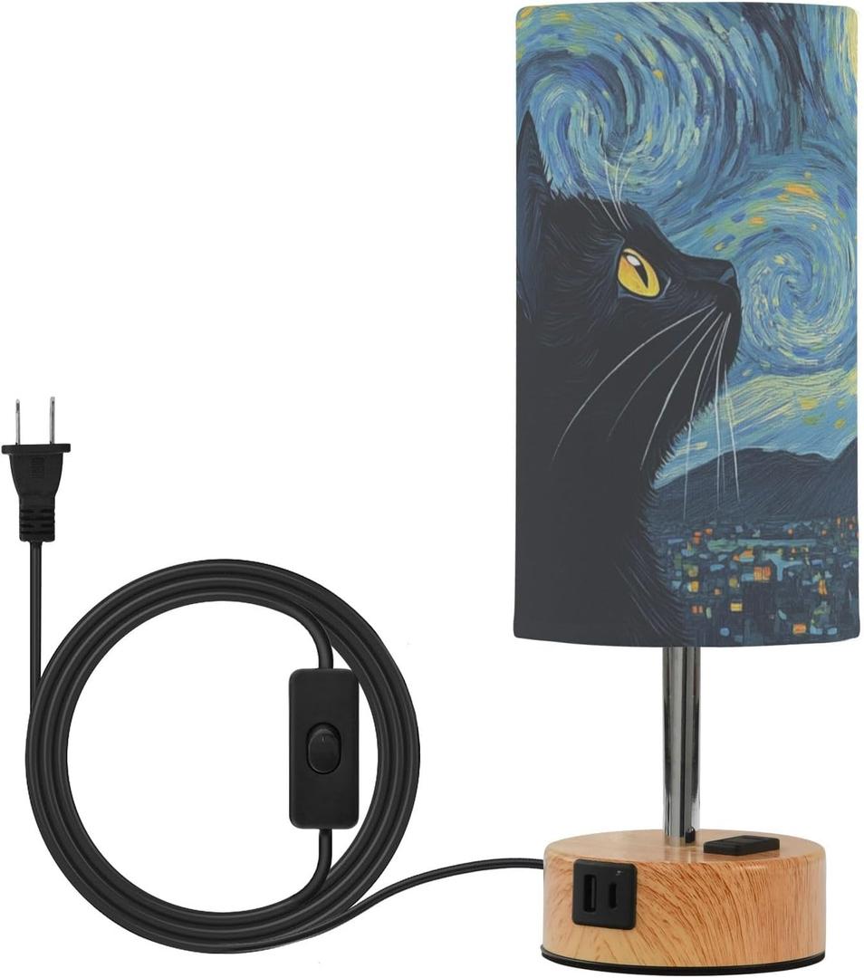 Dimmable Starry Night Art Black Cat Table Lamp with 2 USB C Charging Ports & AC Outlet, Touch Lamps for Nightstand Bedside Small Lamp Night Stand Side Light for Bedroom/Desk, 14 in