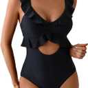 Rainlover Womens One Piece Swimsuits Tummy Control Bathing Suit Cutout High Waisted Ruffle Wrap V Neck Swimwear (Medium, Black)