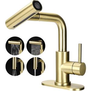 Bathroom Sink Faucet with 4 Mode Pull Down Sprayer, Brushed Gold Single Handle Pull Out Faucet with Pop-Up Drain, 1 or 3 Hole Laundry Bar Basin Faucet with Deck Plate