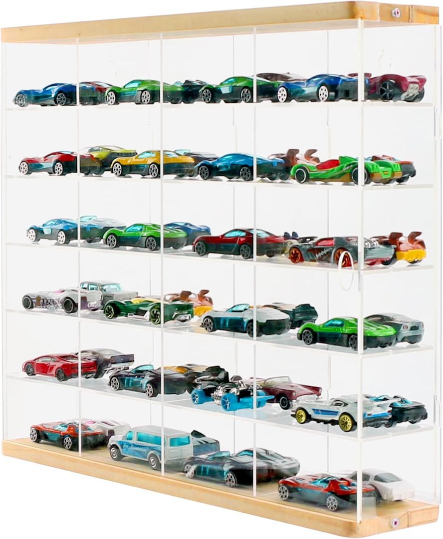 Premium Toy Cars Display Case with Sliding Door, Acrylic and Solid Wood Toy Cars Storage and Organizer  Holds Up to 48 Toy Cars, Easy Assembly Toy Cars Display for Collectors (Transparent)