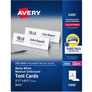 Avery Printable Tent Cards with Sure Feed Technology, 2-1/2" x 8-1/2", Matte White with Embossed Border, 100 Blank Place Cards for Laser and Inkjet Printers (5305)