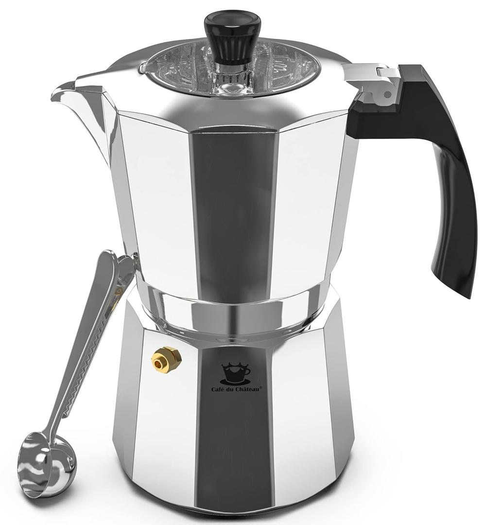Cafe Du Chateau Moka Pot Espresso Maker - Makes 6 Espresso Cups - Stovetop Coffee Percolator with Clip Measuring Spoon - Ideal Cuban & Italian Coffee Maker