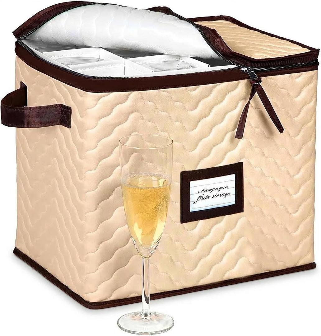 Wine Glass Storage Box with Dividers - Stemware Storage Case, Durable Quilted Microfiber Bin with Carry Handles, Protects Fine China - (1 Pack, Champagne Flute)
