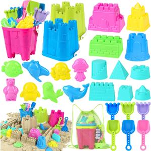 KUBUSFLY Beach Toys for Toddlers, Sand Castle Toys with 3 Bucket, 6 Shovels, Mesh Bag & Sandbox Molds Travel Sand Toys for Beach Sandbox Toys for Toddlers Kids Baby Boys Girls Age 3-10