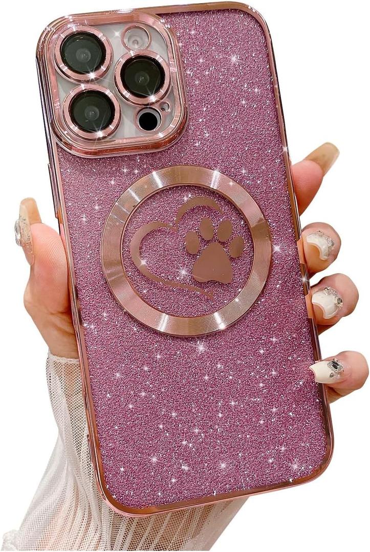 Compatible for iPhone 16 Pro Max Case Glitter Clear Paw Love Heart Compatible with MagSafe, Camera Lens Protection Soft Slim Thin Magnetic Bling Phone Case - Pink
