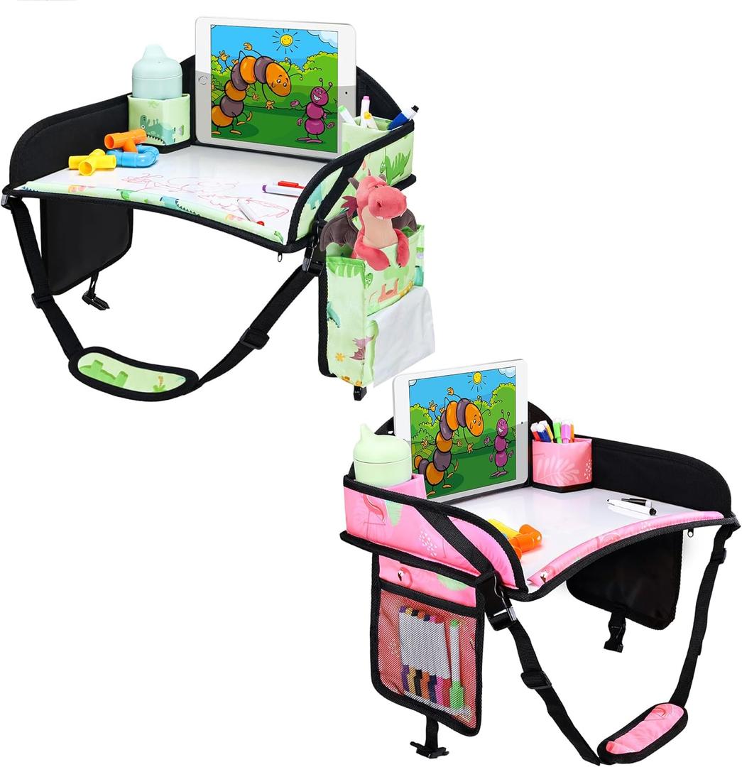 2PCS Kids Travel Tray, Car Seat Tray for kids Travel, Toddler Road Trip Essentials With Drawing Kit, Toddler Lap Desk Organizer for Car, Carseat Table for Airplane (Light Pink/Green-2PCS)