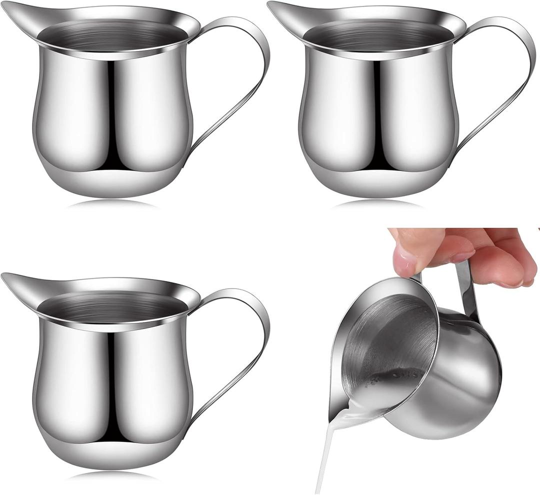 Honeydak 4 Pcs 3 oz Mini Milk Creamer Frothing Pitcher Dispenser Container with Handle, Small Stainless Steel Bell Creamer for Coffee Milk Salad Sauces, Microwave Freezer Restaurant Bakery Kitchen