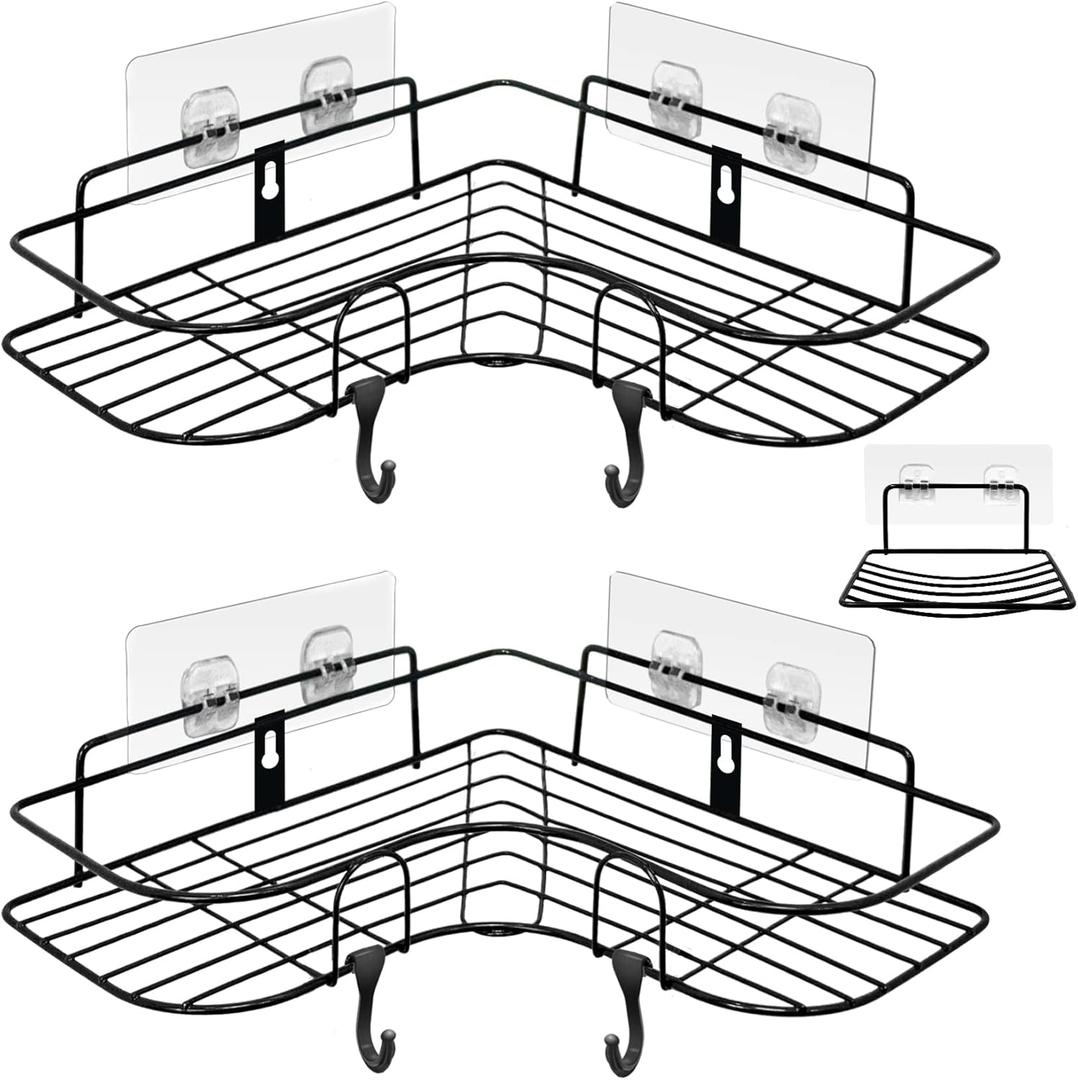 ADORAMOUR Corner Shower Caddy Set -2 Pack Bathroom Organizer with Soap Dish, Adhesive Storage Rack for Toiletries, Shower Shelf Drill-Free or Drilling Install Options Shampoo Holder, Black