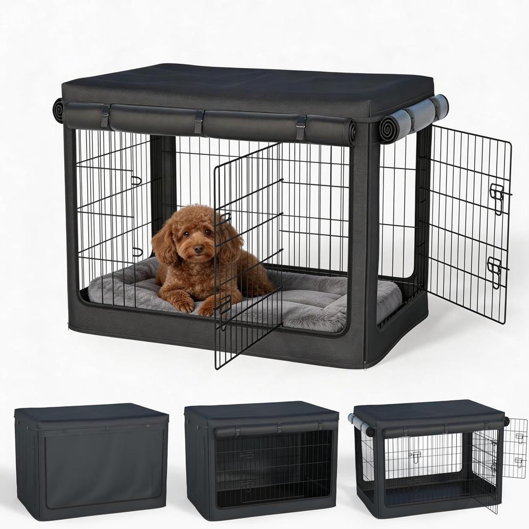 Dog Crate Cover, Fits Most 24-inch Dog Crates, Heavy Duty 1680D Waterproof Oxford Kennel Cover with Detachable Top & Breathable Mesh for Small Dogs, Universal Fit for Wire Crates (Black, Cover Only)
